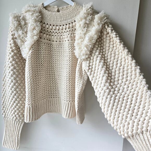 Sea New York Darcy Fringe Merino Wool Chunky Knit Ivory Sweater Womens Size XL - Picture 7 of 13